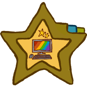 a star shaped folder with a yellow inside and darker yellow green ish outside with a tab of the same colour, with a desktop computer with a monitor with rainbow diaganol stripes and stars